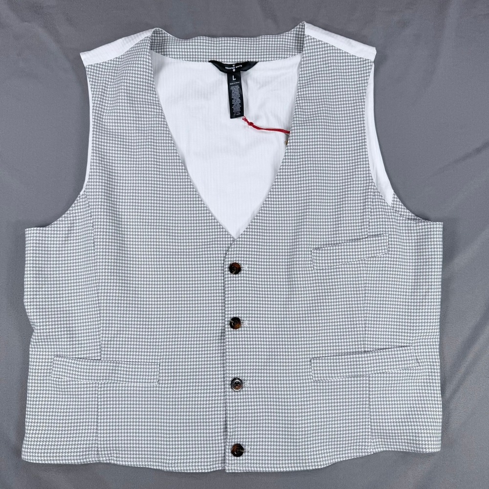 Houston White Mens L Grey Houndstooth Recycled Poly Rayon Suit Vest Cinch Back